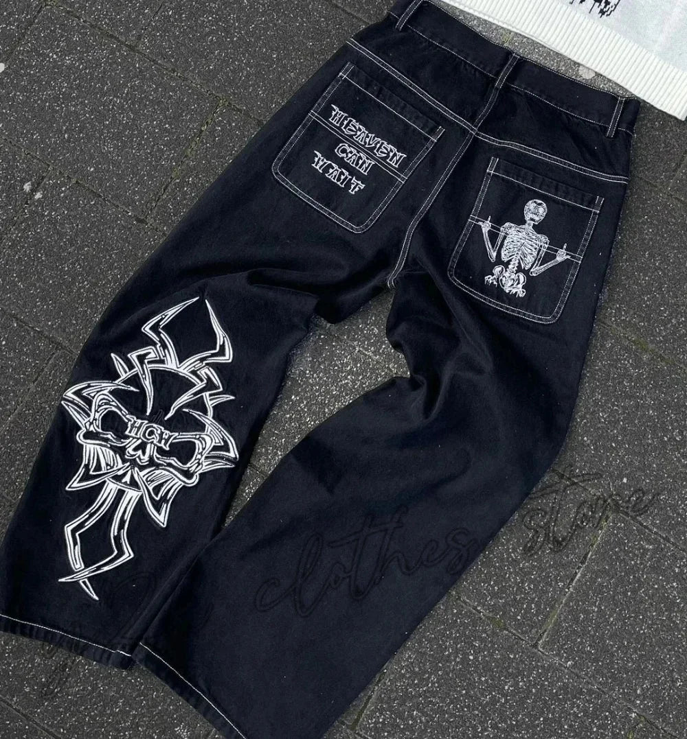 Hearujoy Goth Hip Hop Oversized Skull Embroidery Pattern Y2k Baggy Jeans New Men and Women Straight Black Jeans Retro Casual Denim Pants