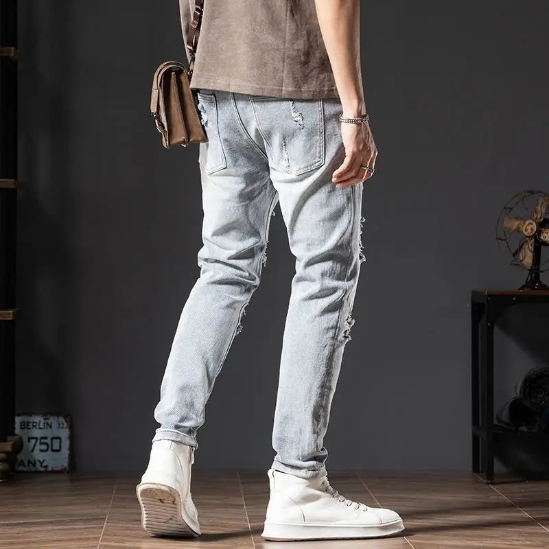 HEARUJOY  -  Beggar Streetwear Hole Slim Men Summer Korean Chic Small Feet Locomotive Light Blue Elastic Casual High Street Distressed Jeans