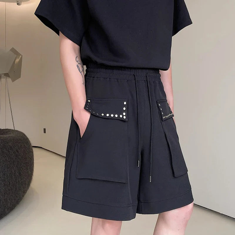 Hearujoy Elastic Waist Wide Leg Shorts Summer New Loose Male Straight Leg Pants Solid Color Pocket Lace-up Casual Trend 9C5354