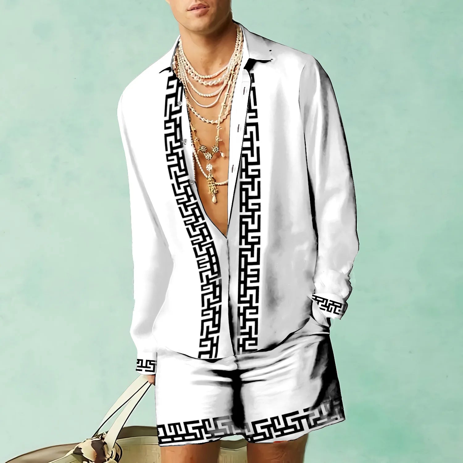 HEARUJOY  -  3D Leopardl Print Men Beach Suits Long Sleeve Lapel Shirts And Shorts Two Piece Set Fashion Hawaiian Casual Loose Outfits