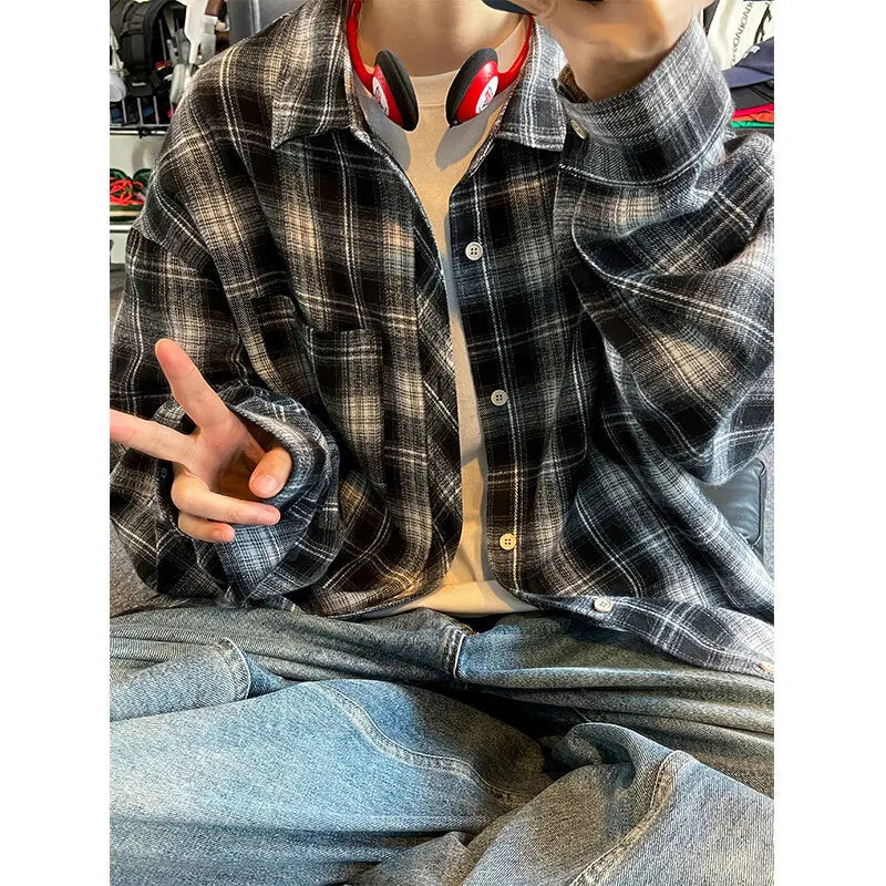 HEARUJOY  -  5XL Long Sleeved Shirt Men Oversized Retro Plaid Shirt Men Japanese Streetwear Loose Casual Shirt Mens Vintage Shirts Plus Size
