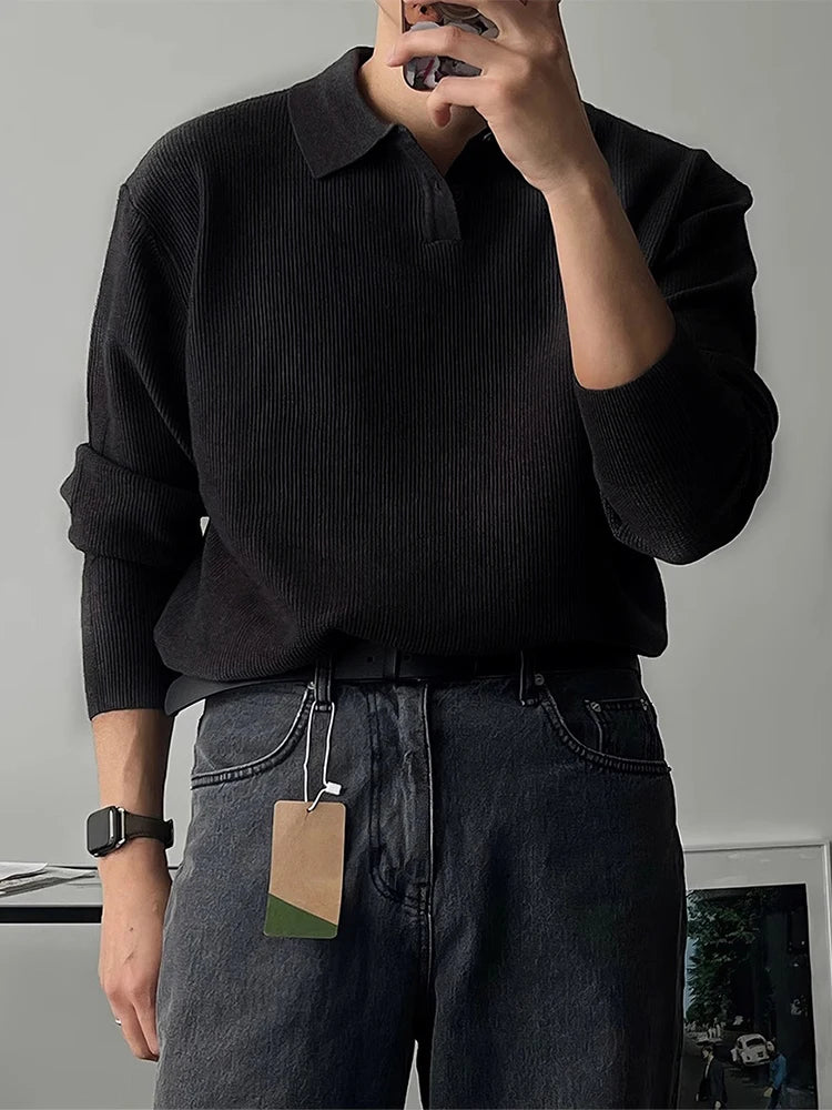 HEARUJOY  -  Spring Autumn Casual Knitting Men Polo Shirts Long Sleeve Slim Fit Elastic Knit Jumper Tops Men's Stylish Solid Color Polo Shirt