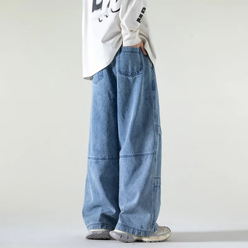 Hearujoy 2024 New Loose Washed Jeans Big Pocket Trousers Male Denim Pants Wide Leg Pant  Casual Streetwear Hip Hop Drawstring Harajuku