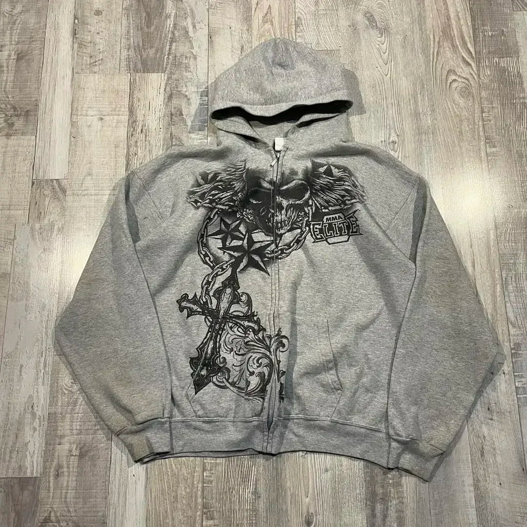 Hearujoy Y2k Gothic Zip Hoodie Skull Printing Hooded Coat Harajuku Hip Hop Casual Sweatshirt Women Men Fashion Vintage Sweater Streetwer