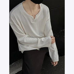 HEARUJOY  -  Spring Long Sleeved T-shirt Men Oversized Casual V-neck T Shirt Men Streetwear Korean Loose Pleated T Shirt Mens Top M-3XL