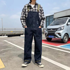 Hearujoy Fashion Men Bib Jeans Pants Solid Color Jumpsuit Streetwear Jogger Pants Multi Pocket Casual Suspender Cargo Pants Men