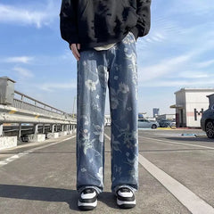 Hearujoy Printed Jeans 2024 Spring Korean Style Mens New Floral Denim Pant High Street Loose Straight Couples Trousers baggy hosen herren