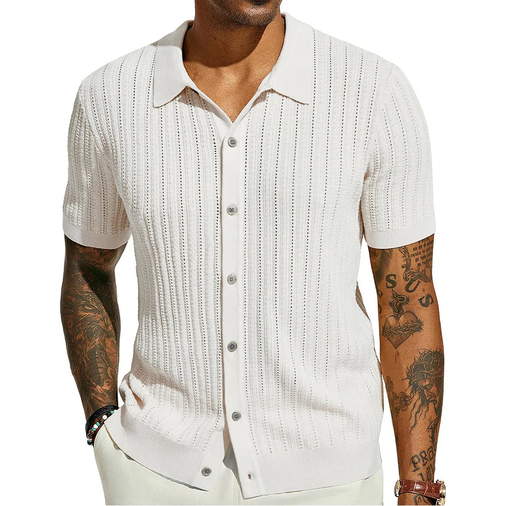 HEARUJOY  -  Men's Casual Top Summer Cool Knit Shirt Short Sleeve Lapel Solid Color Hollow Breathable Top