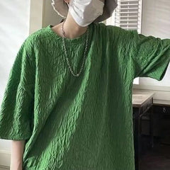 HEARUJOY  -  Summer New Men's Solid Color Crew Neck Pleated All-match Comfortable Fashionable Loose Half Sleeve Casual T-shirt Tops