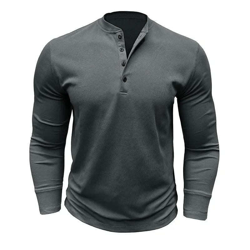 HEARUJOY  -  Men's Fashion Crewneck Long Sleeve T-shirt Henry Spring and Autumn Base Shirt Button Jumper Top