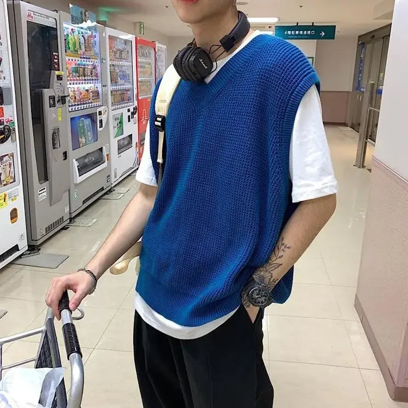 HEARUJOY  -  Men's Clothing Blue Plain Sleeveless Vest Knit Sweater Male Waistcoat V Neck Solid Color Warm Classic Cheap Japanese Retro Wool