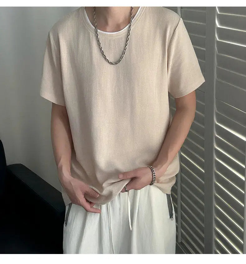 HEARUJOY  -  Korean Style Men's T-shirts Round Collar Short Sleeved Solid Color Mensweae New Summer Pullover Loose Male Tees