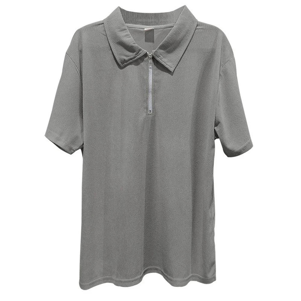 HEARUJOY  -  Summer New Fashion Elegant Casual Solid Color Short-Sleeved Polo Shirt Men'S American Street Trend Y2k Zipper T-Shirt Men
