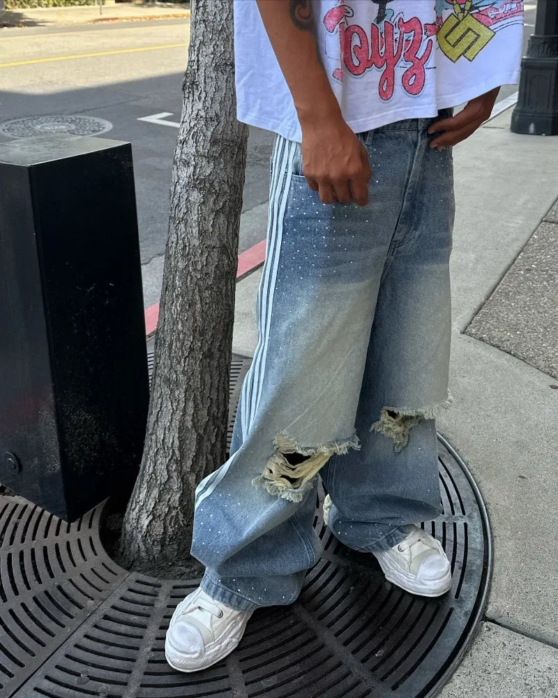 Hearujoy Y2k high-waisted ripped jeans Women street vintage striped wide-leg pants Personality fashion design diamond decorated pants