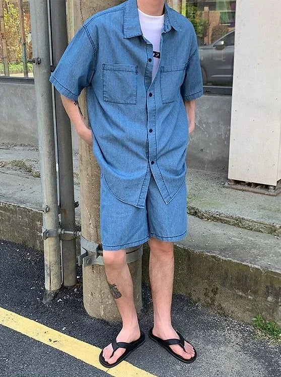 HEARUJOY  -  Japanese Man Sets Work Clothes Loose Cool Two-piece Set New in Matching Elastic Baggy Korean Stylish Shirts Shorts Suits for Men