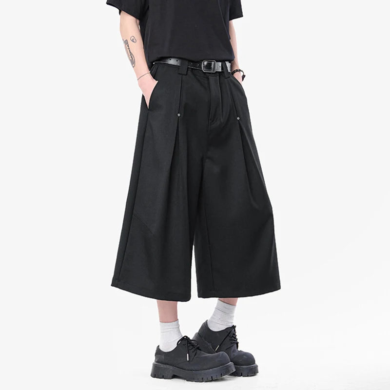 HEARUJOY  -  Korean Style Men Casual Shorts Solid Color Pleated Design Metal Design Cropped Trousers Cleanfit Male Bottom Simple