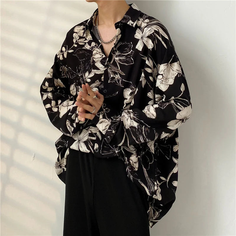 Hearujoy Spring Black Long-sleeved Shirt Men Fashion Society Mens Dress Shirt Korean Loose Casual Flower Shirt Mens Print Shirt M-3XL