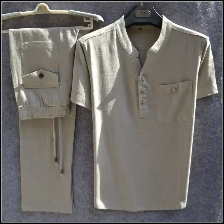 HEARUJOY  -  Summer Comfortable Short-Sleeved Button Shirt Sets Men's Solid Color Shirt Shorts Suit Men's Cotton Linen Casual Suit