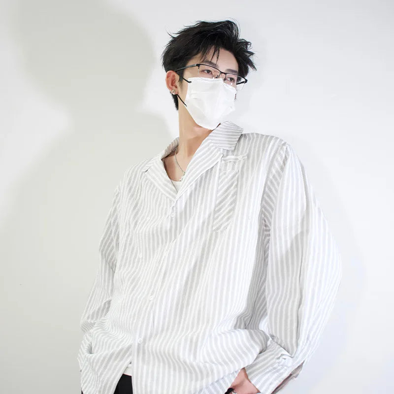 HEARUJOY  -  Long Sleeved Shirt Men Fashion Society Mens White Dress Shirt Korean Loose Blue Striped Shirt Mens Double Breasted Casual Shirt
