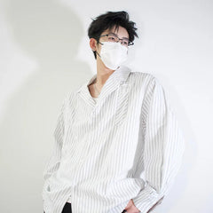 HEARUJOY  -  Long Sleeved Shirt Men Fashion Society Mens White Dress Shirt Korean Loose Blue Striped Shirt Mens Double Breasted Casual Shirt