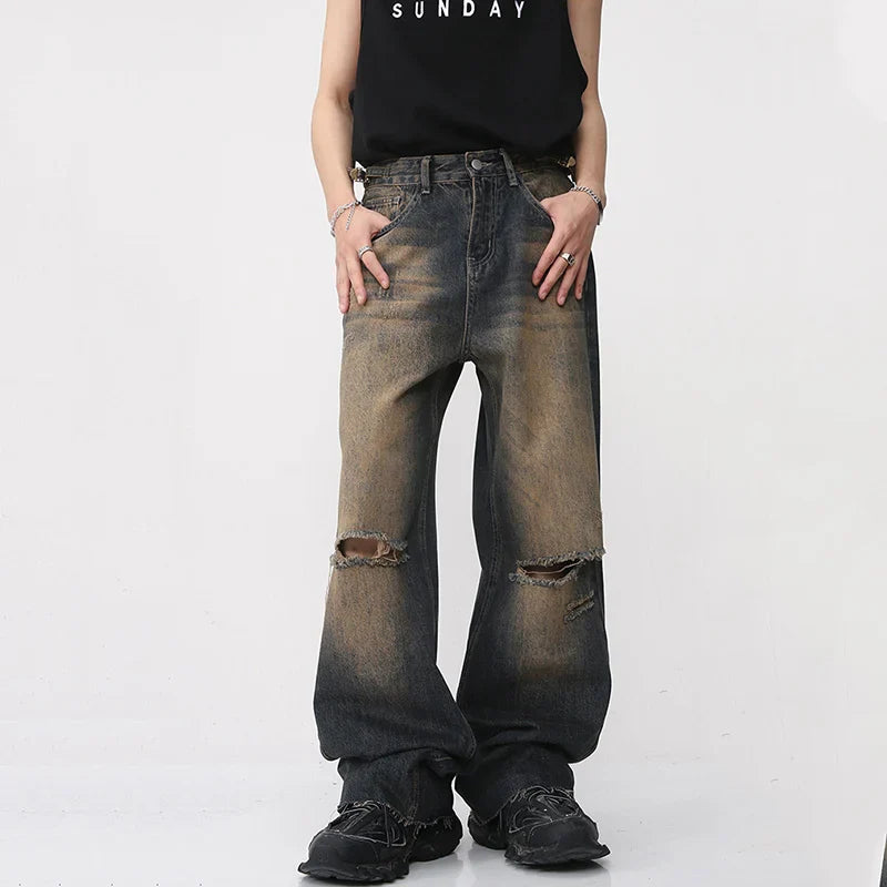 Hearujoy American Style Vintage Male Hiole Jeans Summer High Street Men's Wide Leg Denim Pants Gradient Straight Trousers 9A8592