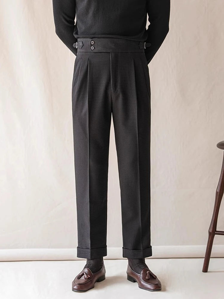 HEARUJOY  -  Naples Style High Waist Pants Mens Stylish Waffle Textured Slim Straight Trousers Men Autumn Casual Button Lace-up Suit Trousers