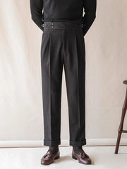 HEARUJOY  -  Naples Style High Waist Pants Mens Stylish Waffle Textured Slim Straight Trousers Men Autumn Casual Button Lace-up Suit Trousers