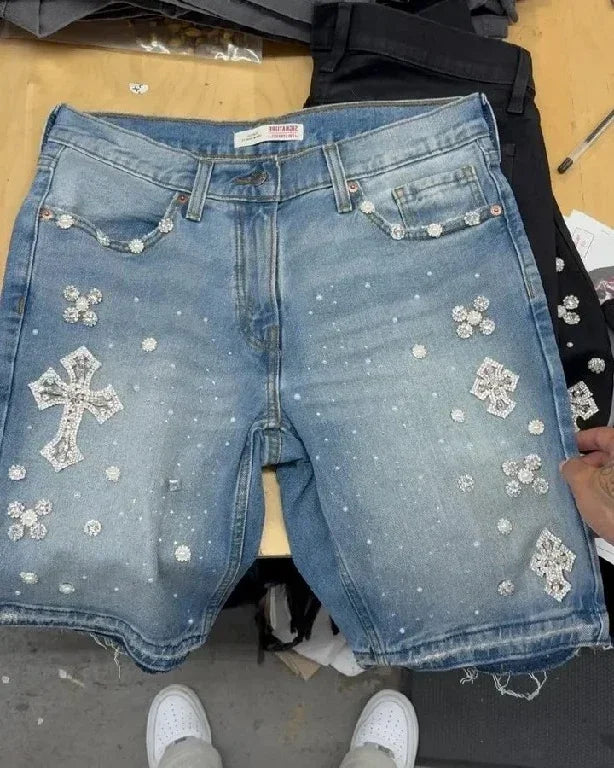 Hearujoy Retro Blue Streetwear Y2K Gothic Shorts Hip Hop Rhinestones Baggy Jeans Denim Gym Shorts Men Women High Waist Basketball Shorts