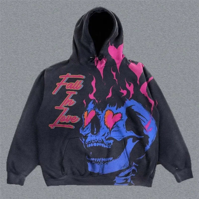 Hearujoy Harajuku Punk Style Fashion Hoodies Women Brand Flame Skulls Print Hoodie Digital Print Streetwear Clothing Sweatshirts Y2k Tops