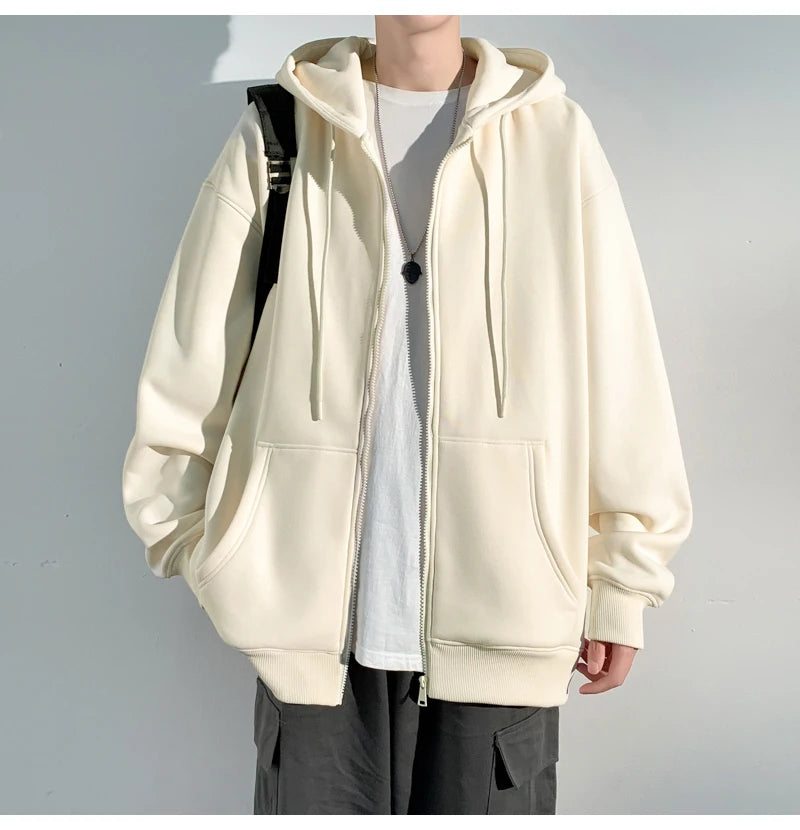 HEARUJOY  -  Spring Autumn Men's Zipper Hoodies Streetwear Casual Jacket Male Solid Color Loose Sweatshirts Simple Hooded Coats