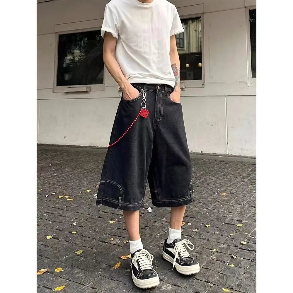 HEARUJOY  -  Hip Hop Retro Waist Inverted Design Men Denim Shorts Instagram Gothic Street Apparel Loose Straight Leg Pants Sports Pants