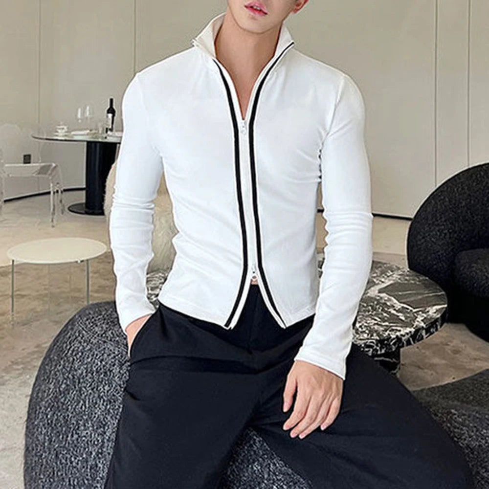 HEARUJOY  -  Men T-Shirt Slim Fit Contrast Color Two-Way Zipper T-Shirt Streetwear Personality Fashion Casual Long-Sleeve Tops Men'S Clothing