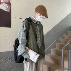 HEARUJOY  -  Spring Autumn Retro Japanese Corduroy Vest for Men Collarless Versatile Casual Jacket Trendy Layering Outerwear