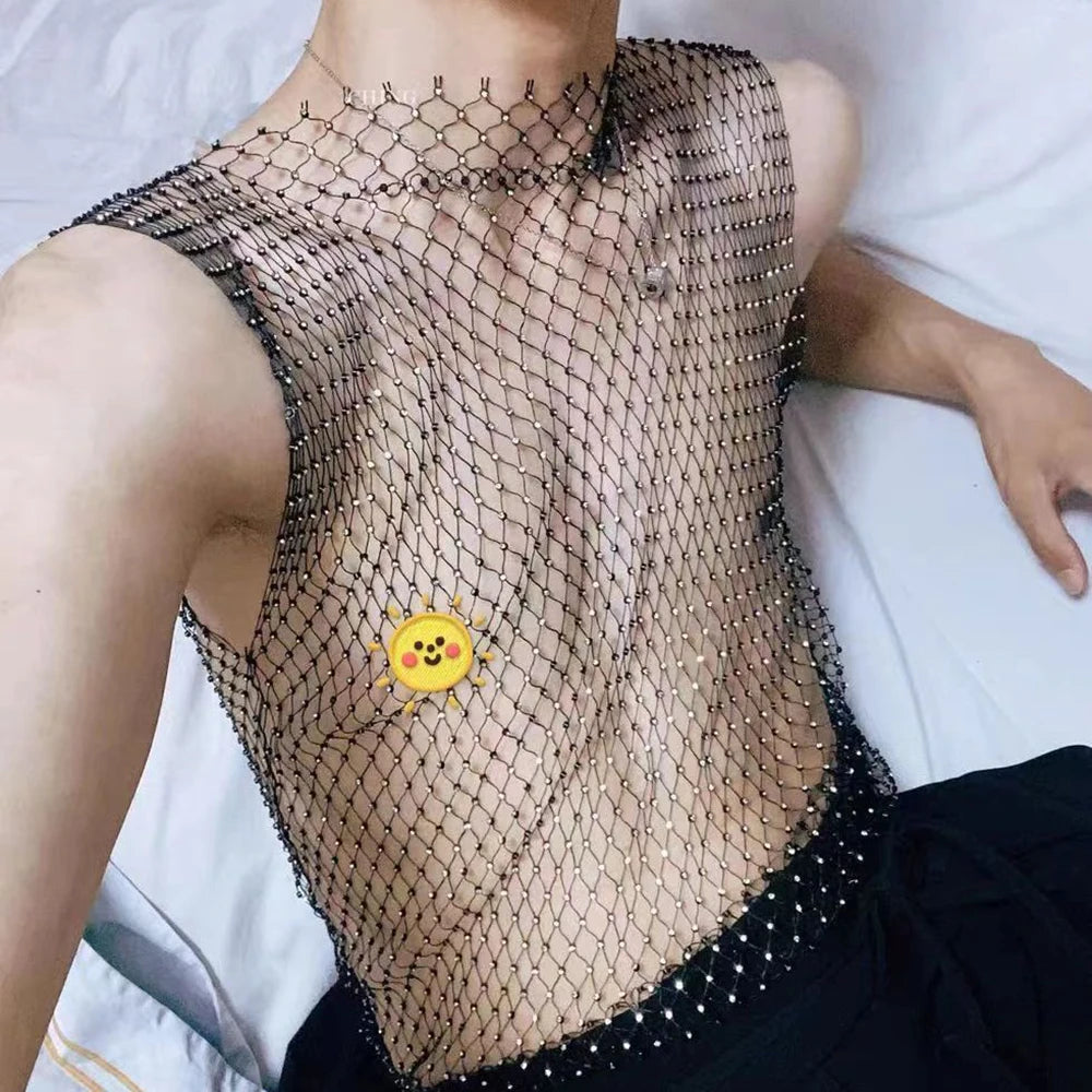 Hearujoy Flash Diamond Vest Mesh Navel Tank Tops Men's Sexy Fishnet Perspective Personality T-shirt Trend Nightclub Unisex Sexy Underwear