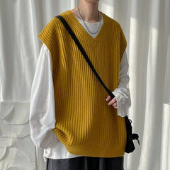 HEARUJOY  -  Men's Knitted Sweater Spring Autumn Casual Vest Korean Fashion Solid Sleeveless Baggy Knit Bottoming Vest Male Clothes R106