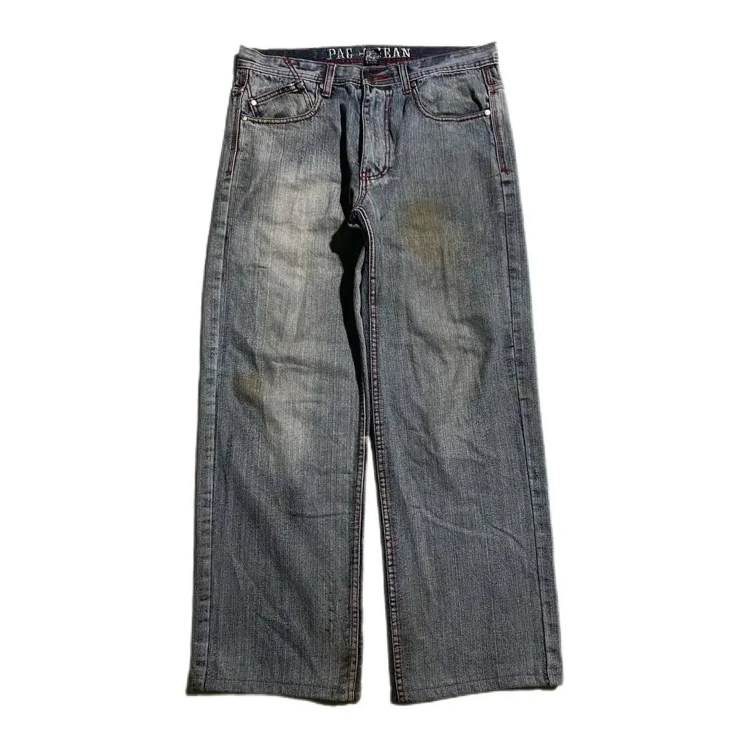 Hearujoy Y2K Gothic Skull Embroidered Baggy Jeans for Men Harajuku Women High Waist Wide Leg Straight Pants Punk Grunge Trendy Streetwear