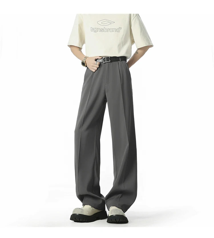 HEARUJOY  -  Men's Straight Baggy Casual Pants Korean Slit Personality Suit Trousers Fashion Formal Business Male Streetwear Gray Black