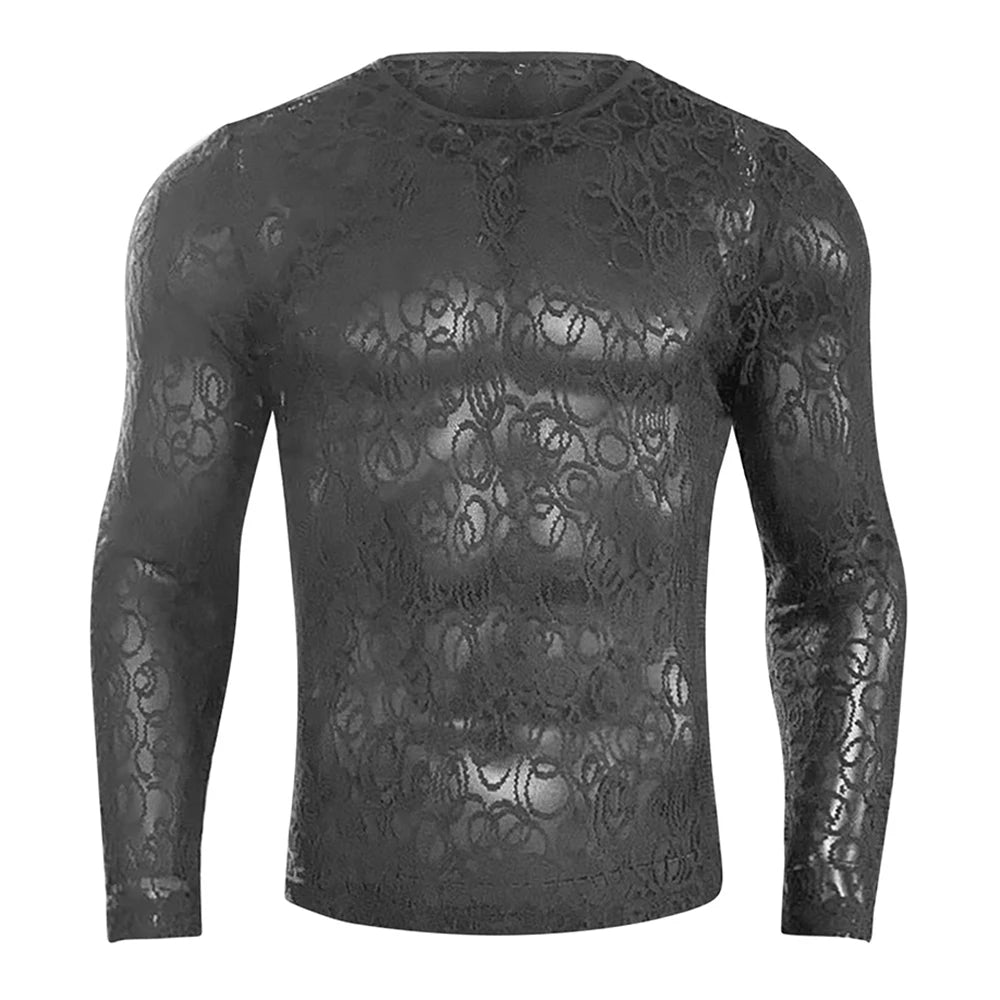 Hearujoy Mens Lace Perspective Hollow Sports Fitness Slim Long-Sleeved Top Autumn Sexy Nightclub Breathable Bottoming Shirt For Men