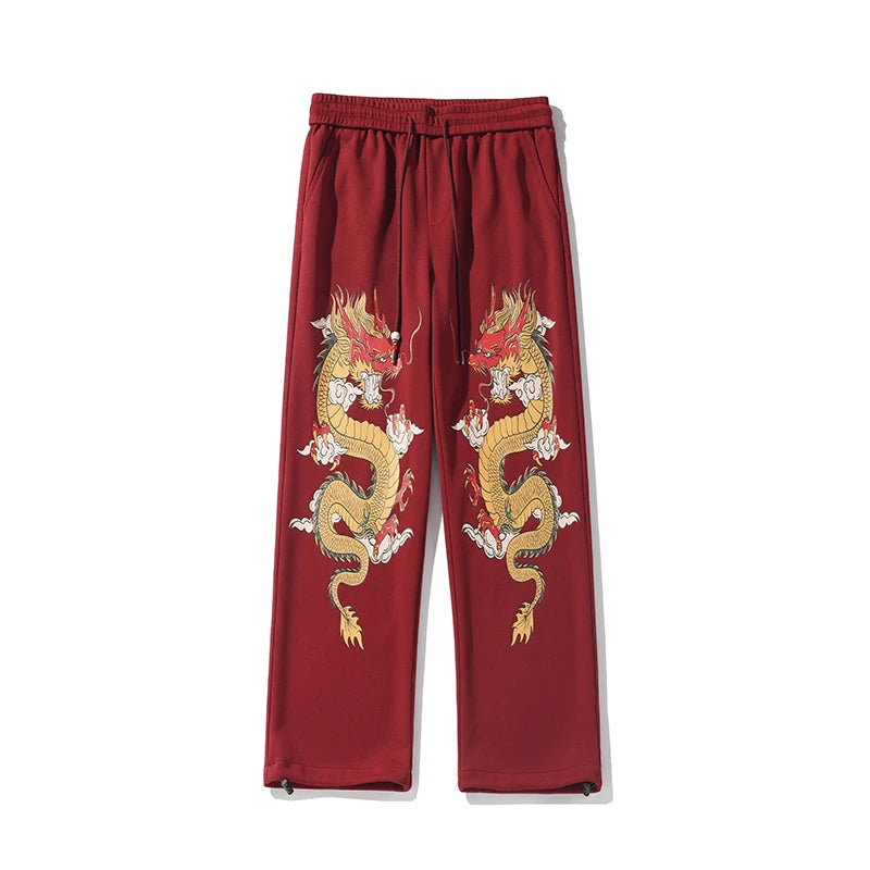 Hearujoy Men Women Sweat Pant Chinese Style Dragon Printed Trousers Jogger Drawstring Pants Streetwear Casual Sweatpant 2024 Spring