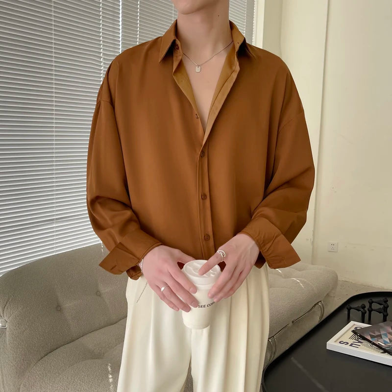 HEARUJOY  -  Long Sleeved Shirt Men Oversized Fashion Social Mens Dress Shirt Korean Loose Ice Silk White Shirt Mens Office Formal Shirts