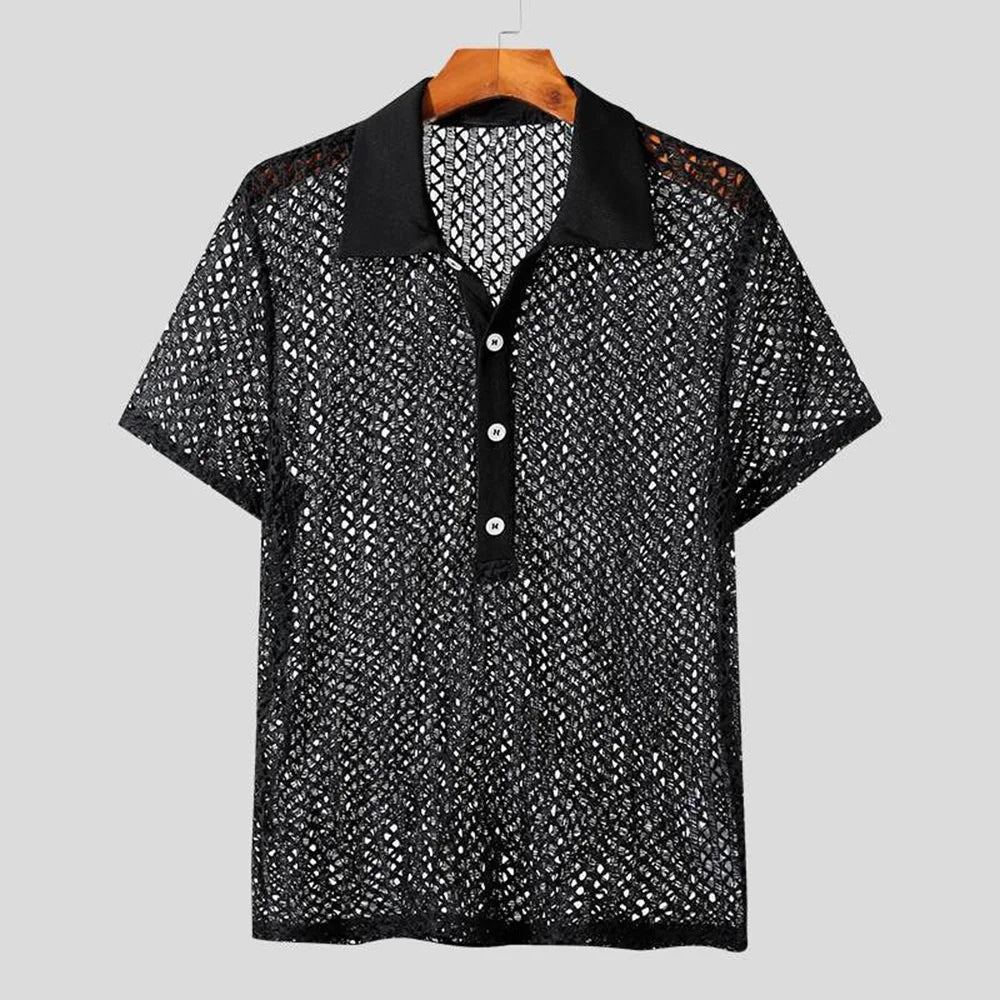 HEARUJOY  -  Mens Shirt Hollow Perspective Mesh Casual T-Shirt Niche Personality Breathable Versatile Sexy Tops Men'S Clothing Summer New