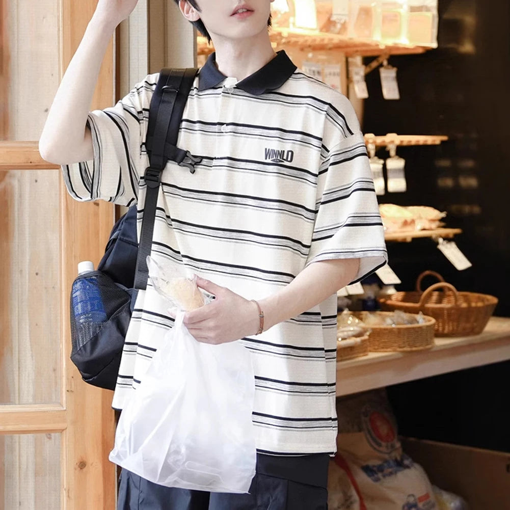 HEARUJOY  -  Casual Summer 2XL Mens Summer T-Shirts Casual Striped Short Sleeve Shirts Vintage Short Sleeve Tops Lapel Neckline