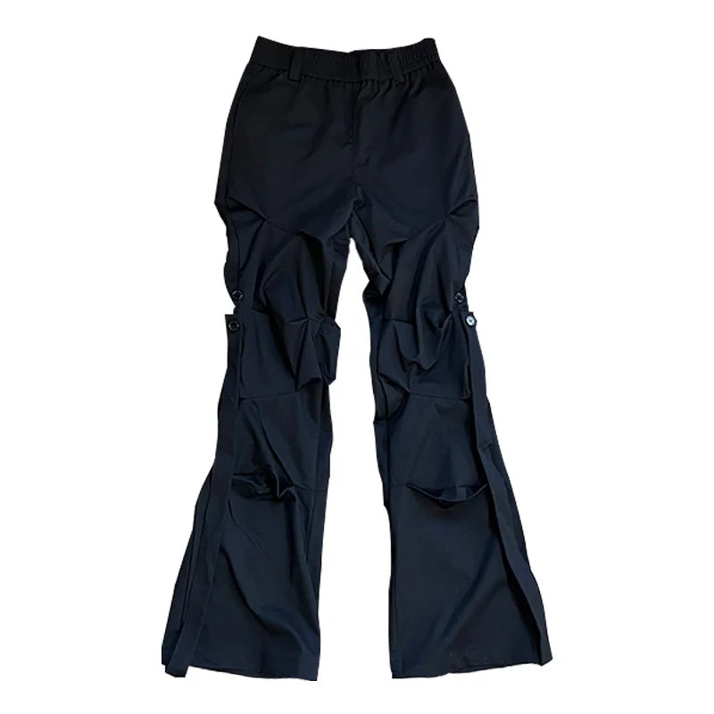 Hearujoy High Street Pleated Overalls Men's Pants Fashion Loose Straight Button Casual Male Trousers Solid Color Darkwear 9A6007