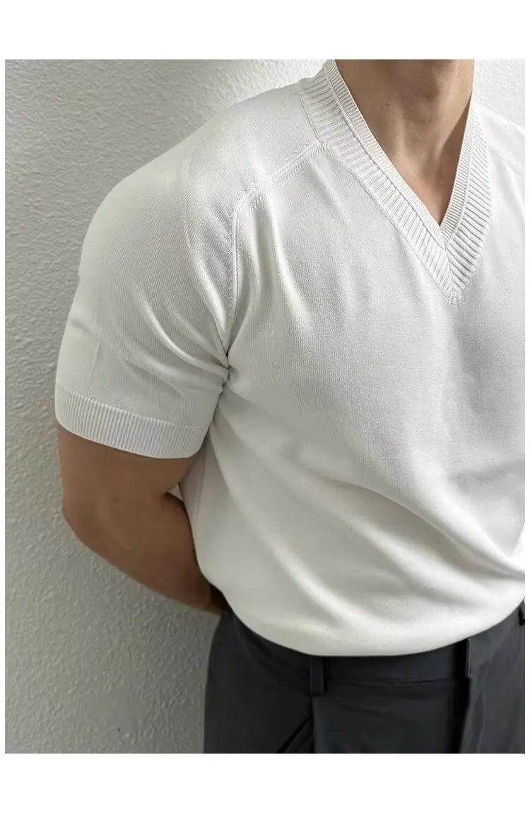 HEARUJOY  -  Men's Clothing Light Luxury Knit V Neck Short-sleeved T Shirt Solid Color Leisure Korean Popular Streetwear Retro Knitwear M-3XL
