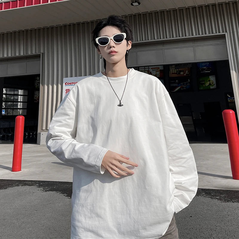 HEARUJOY  -  Autumn Men's Long Sleeve Cotton T Shirt Fashion Solid Loose T Shirts Mens Oversized Hip Hop Casual Mens Streetwear Top Tees