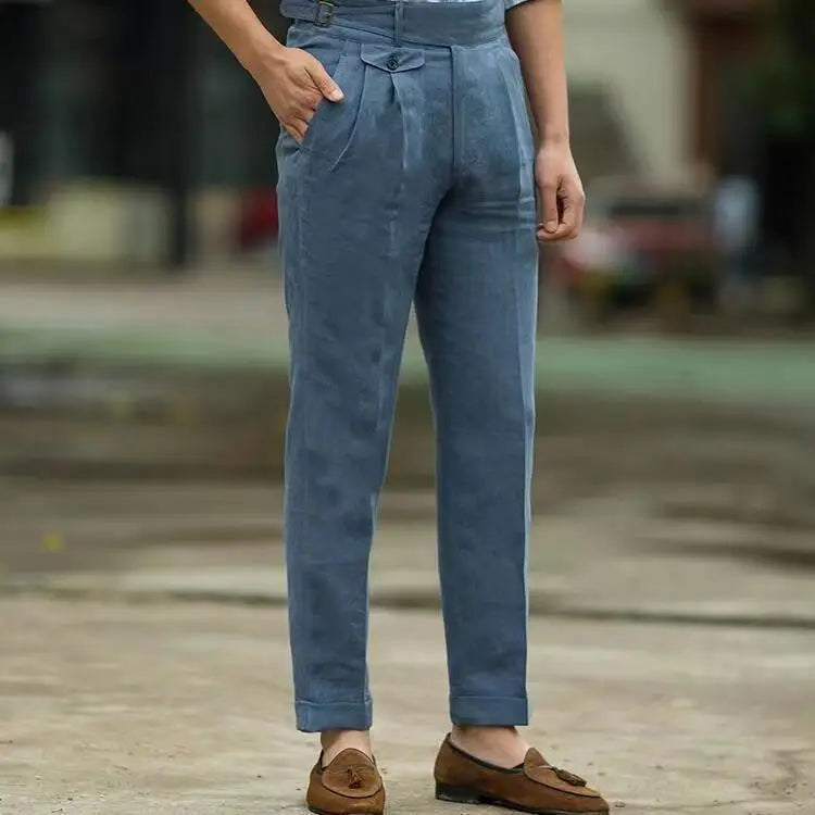 HEARUJOY  -  British Style Men Gurkha Linen Pant High Waist Straight  Ankle-Length Pants Spring Summer High Quality Thin Casual Loose Trouser