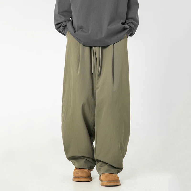 HEARUJOY  -  Pleated Design Men Casual Trousers Solid Color Drawstring Summer Korean Style Elastic Waist Straight Leg Male Pants 9W3495