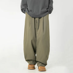 HEARUJOY  -  Pleated Design Men Casual Trousers Solid Color Drawstring Summer Korean Style Elastic Waist Straight Leg Male Pants 9W3495