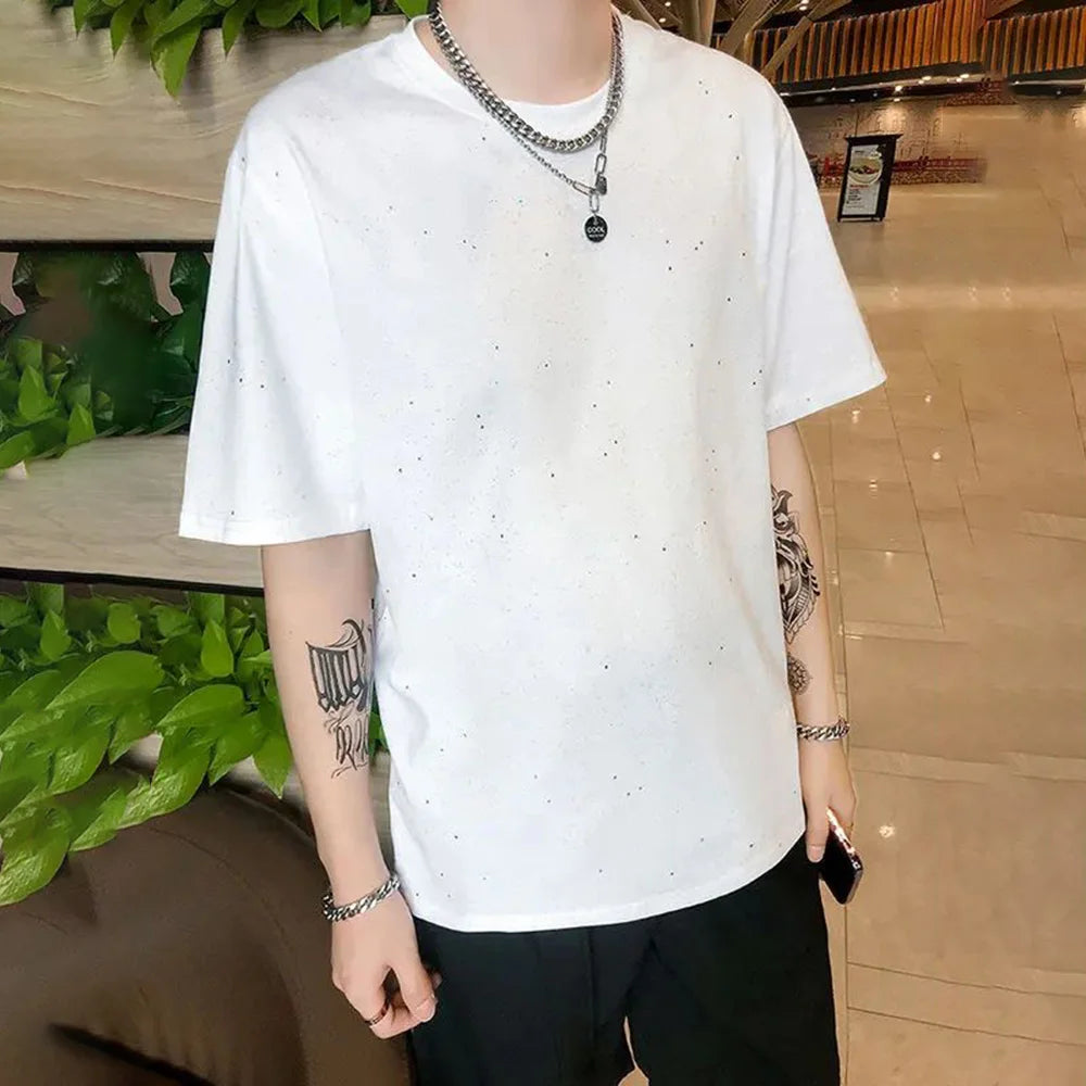 Hearujoy Summer New Casual T Shirt Korean Fashion Solid Nightclub Sequins Short Sleeves Tops Trendy Loose O Neck Streetwear Pullover Tees