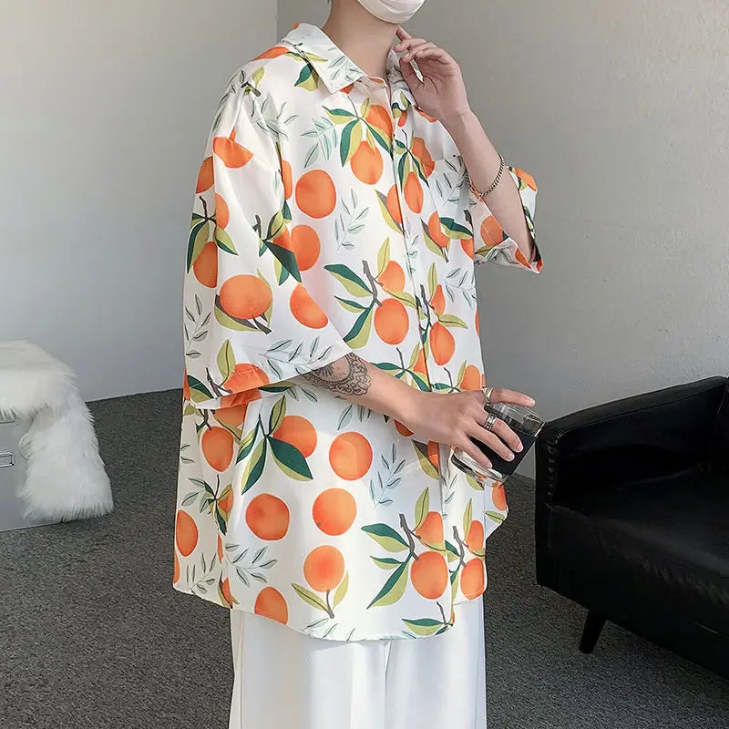 Hearujoy Orange Cute Fruit Peaches Full Print Shirts Loose Half Sleeve Summer Blouse Funny Hawaii Tops Oversized Mens Hip Hop Casual Coat